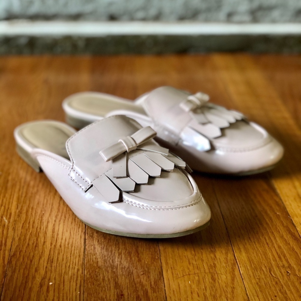 Madden girl patent leather fringed mules pink